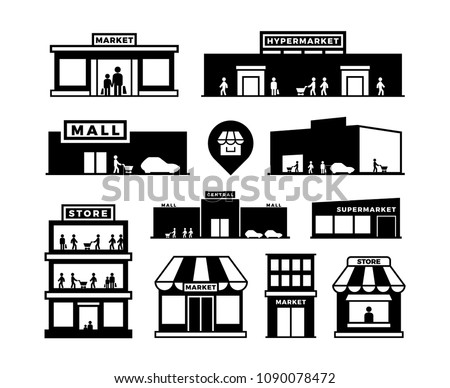 Shopping mall buildings icons. Store exteriors with people pictograms. Shop houses with shoppers vector. Monochrome building shop, store and market, supermarket exterior, retail storefronts