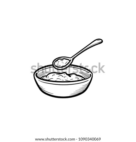 Baby bowl and spoon hand drawn outline doodle icon. A bowl with food and spoon as baby feeding concept vector sketch illustration for print, web, mobile and infographics isolated on white background.