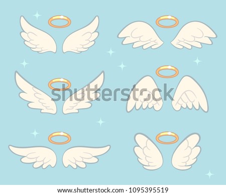 Flying angel wings with gold nimbus. Angelic wing cartoon vector set. Illustration of holy symbol collection