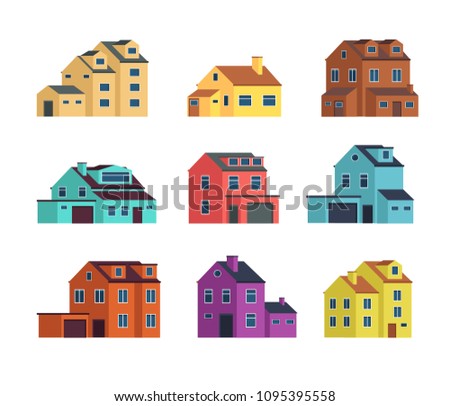 Houses front view. Urban and suburban house, town buildings, and cottage housing. Isolated vector illustration. House architecture, building home for city or town