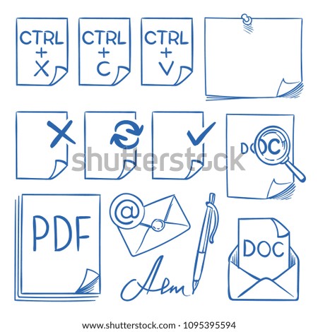 Doodle office paper vector icons with function symbols update, paste, cut, copy, send, delete and edit vector hand drawn set isolated. Illustration of move file with ctrl buttons