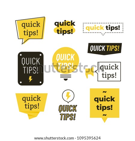 Quick tips, helpful tricks vector logos, emblems and banners vector set isolated. Helpful idea, solution and trick illustration