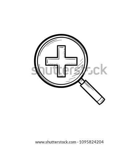 Magnifying glass with positive plus sign inside hand drawn outline doodle icon. Search and zoom concept vector sketch illustration for print, web, mobile and infographics isolated on white background.