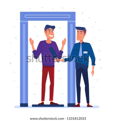 Airport security guard on metal detector check point. Full body scanner. Passenger at security check gate. Vector flat design illustration on white background.