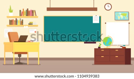 Nobody school classroom interior with teachers desk and blackboard vector illustration. Empty class for study, interior and chalkboard