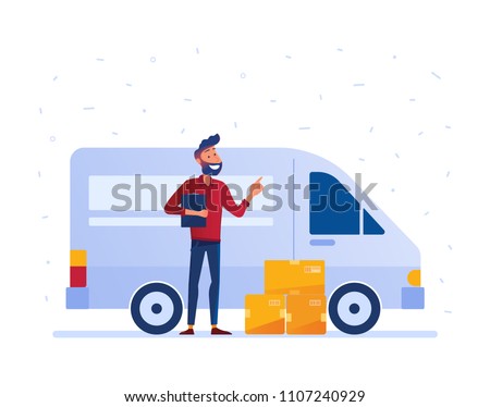 Delivery man with cardboard boxes in front of the van as local delivery service and shipping concept. Door to door car delivery by courier vector illustration on white background.