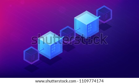 Isometric blockchain network architecture concept. Computer network, global decentralized system of data transfer illustration on ultra violet background. Vector 3d isometric illustration.