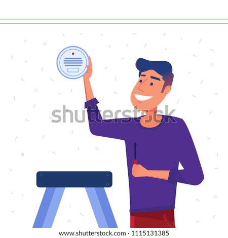 A man sets up smart smoke detection system on the wall. Smoke, CO, gas, fire and carbon monoxide alarm as smart house and internet of things concept. Vector flat design illustration.