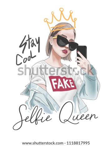 selfie slogan with girl taking selfie illustration