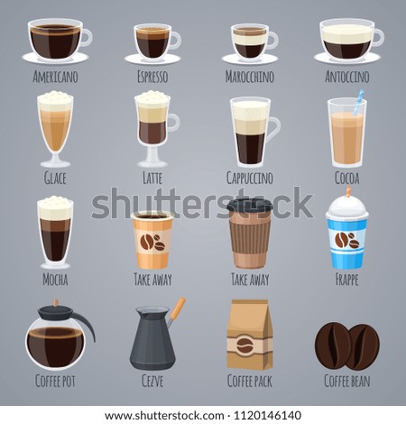 Espresso, latte, cappuccino en gafas y tazas. Cafés para el menú de café. Iconos vectoriales planos ponen bebida bebida, ilustración matutina de aroma cafeína