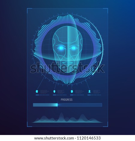 Face digital recognition, id faces biometric scanning to safe access abstract vector futuristic background. Scan face digital, recognition verification and identification illustration