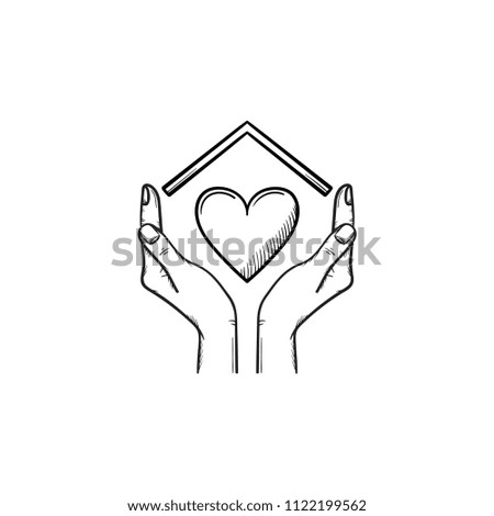 Sweet home hand drawn outline doodle icon. Hands holding heart under the house roof as best real estate and housing decision concept. Vector sketch illustration for print, web, mobile and infographics