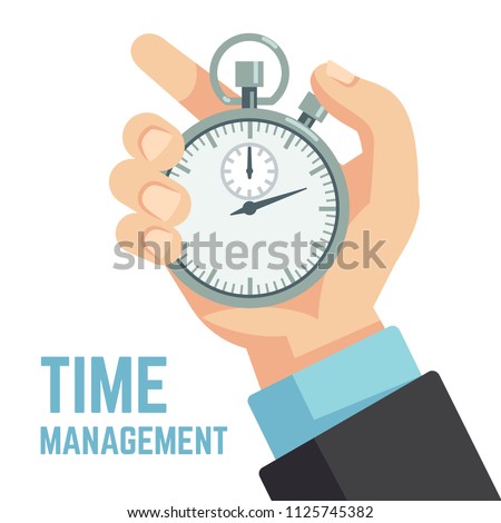 Businessman hand holding stopwatch or clock. Deadline, punctuality and time management business vector concept. Timer and punctuality, deadline stopwatch, productivity and optimization illustration