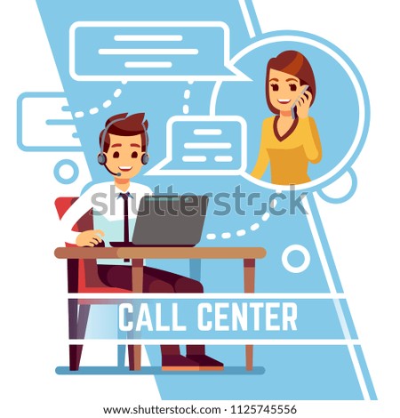 Operator man talking with happy smiling client on phone. Supporter in headset consulting customer. Cartoon vector illustration. Service for customer, support business operator