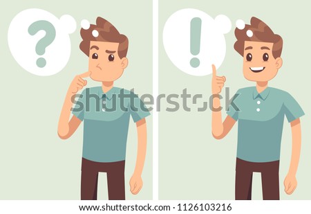 Smart young man, student thinking, understands problem and finds successful solution, vector cartoon characters isolated. Young man character solution and thinking illustration 商業照片 © 