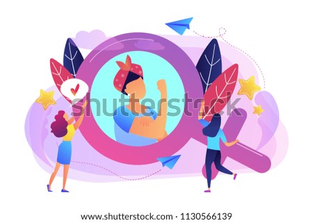 A woman image in female gender sign showing biceps as a concept of feminism, girl power, movement, female equality, equal social and civil rights. Violet palette. Vector illustration on background.