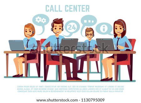 Group of operators with headset supporting people in call center office. Business support and telemarketing vector concept. Illustration of online consultant communication, feedback, helping hotline