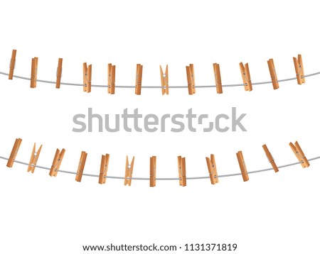 Wooden clips, clothespin on clothesline holding rope isolated. Laundry and housework vector concept. Clip clamp wooden, hold clothespin on clothesline illustration