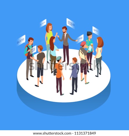 Internet forum. People communication, talking friends and society isometric vector concept. Society connect and discussion illustration