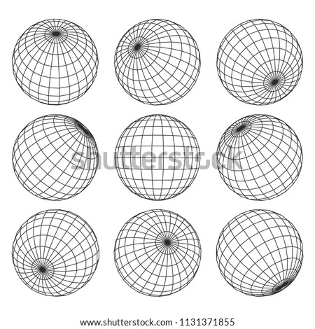 Globe grid. 3d sphere wires, earth network vector isolated set. Line sphere network, wire global grid, latitude structure illustration