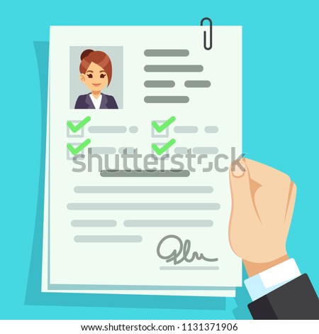 Cv document. Qualification personal documentation with girl avatar vector concept. Interview personal document in hand illustration