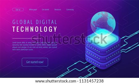 Isometric global digital technology landing page. Big data, cloud information storage, global transferring technology and remote access concept on ultraviolet background. Vector 3d illustration.