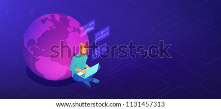 Isometric big data analyst working on laptop sitting near the globe. Big data analysis, global market research and visualization vector 3D isometric illustration on ultraviolet background.