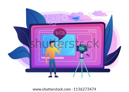 A man in front of camera recording a video to share it in internet. Vloger shares a bradcast in blog or video log. Video bloging, web television or embedded video concept. Violet palette. Vector.