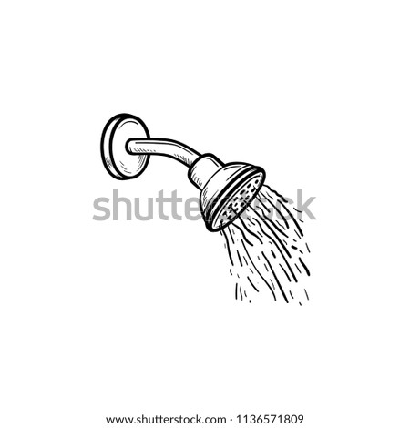 Shower head with water drops hand drawn outline doodle icon. Bathroom, sanitary, clean, tap, household concept. Vector sketch illustration for print, web, mobile and infographics on white background.