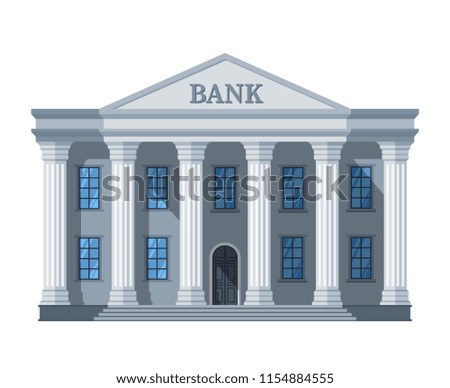 Cartoon retro bank building or courthouse with columns vector illustration isolated on white background. Bank building architecture with column