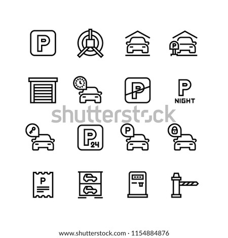 Parking icons. Car garage and parking line vector symbols. Automobile service park, zone place parking illustration