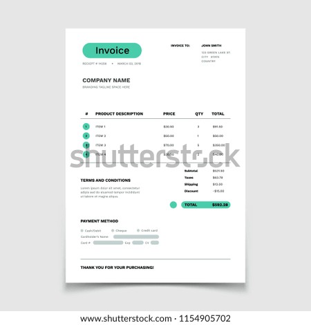 Invoice form template. Business Bill with data table. Paper order bookkeeping service document. Quotation vector design. Invoice document for payment, account finance and tax illustration