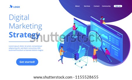 Isometric team of specialists working on digital marketing strategy landing page. Digital marketing, digital technologies concept. Blue violet background. Vector 3d isometric illustration.