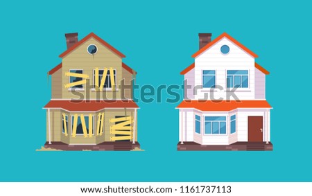Home renovation. House before and after repair. New and old suburban cottage. Isolated vector illustration. Renovation home and repair, remodel building