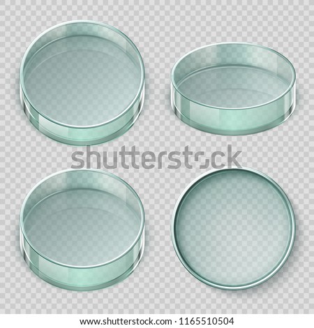 Empty glass petri dish. Biology lab dishes vector illustration isolated on transparent background. Lab glass for test, dish petri, medical glassware