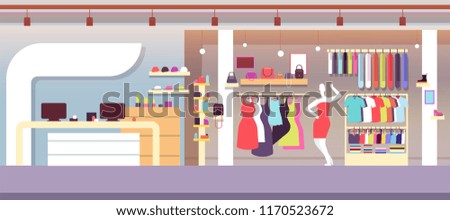 Fashion shop. Boutique fashion store with female clothes and women bags. Shopping mall vector interior. Illustration of wardrobe shop interior, illustration retail with clothes