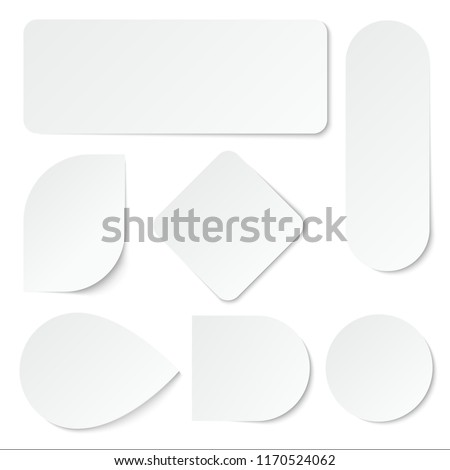 White paper stickers. Blank labels, tags in rectangular and round shape. Isolated vector set. Advertisement note paper, tag sticker illustration