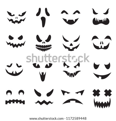 Pumpkin faces. Halloween jack o lantern face silhouettes. Monster ghost carving scary eyes and mouth vector icons set. Illustration of halloween face silhouette, scary monster pumpkin
