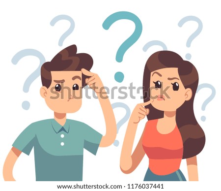 Young troubled couple. Confused woman and man thinking together. People with question marks vector illustration. Man and woman with question, thinking guy