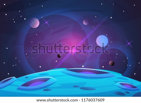 Space and planet background. Planets surface with craters, stars and comets in dark space. Vector illustration. Space sky with planet and satellite