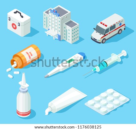 First aid kit. Medical pharmacy oral spray, medicines and pills. Ambulance car and hospital building isometric vector isolated set. Illustration of ambulance and hospital, medicine first aid