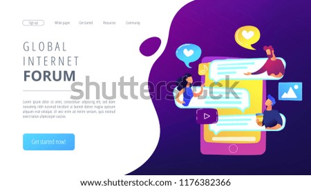 Tablet with users communicating and speech bubbles. Global internet communication, social media and network technology, chat, message and forum concept, violet palette. Website landing web page.