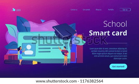 School smart card with photo and users. Student profile and school attendance, student identification with microchip, school access and payment concept, violet palette. Website landing web page