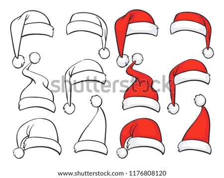 Santa red hats with white fur and ink sketch set. Isolated Christmas holiday vector decoration illustration