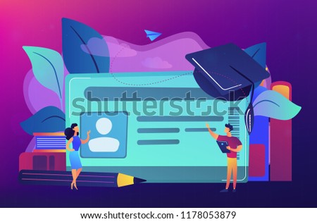 School smart card with photo and users. Student profile and school attendance, student identification with microchip, school access and payment concept, violet palette. Vector isolated illustration.