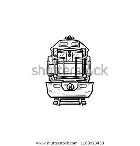 Front view of train hand drawn outline doodle icon. Railway transportation, railroad vehicle and travel concept. Vector sketch illustration for print, web, mobile and infographics on white background.