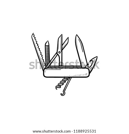 Swiss folding knife hand drawn outline doodle icon. Multipurpose and and army knife, penknife concept. Vector sketch illustration for print, web, mobile and infographics on white background.