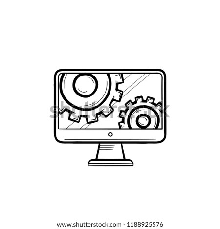 Monitor with gears hand drawn outline doodle icon. Monitor service, setting options, support software vconcept. Vector sketch illustration for print, web, mobile and infographics on white background.