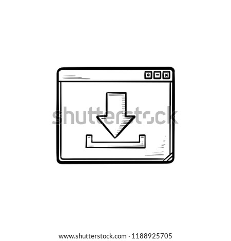 Browser window with download sign hand drawn outline doodle icon. Data abd file download, internet concept. Vector sketch illustration for print, web, mobile and infographics on white background.