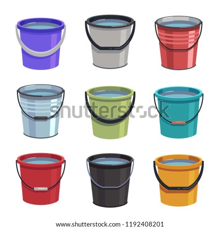 Cartoon buckets. Water pails, metal and plastic bucket. Isolated vector set. Collection of bucket container with water, pailful plastic and aluminum illustration